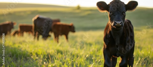 Sustainable beef ranching with a young calf on fresh pasture. photo