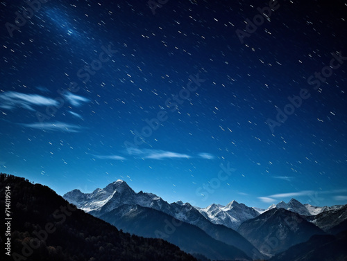 A breathtaking view of a starry night sky over majestic mountain peaks in a stylized version.