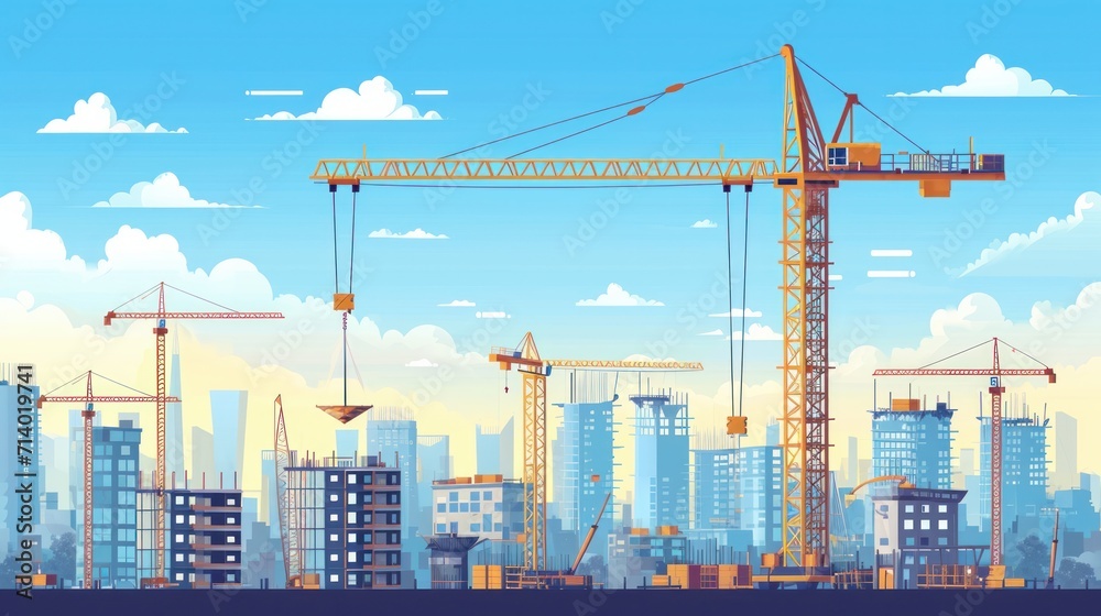 Construction site with a tower crane. Construction of residential buildings. Panoramic view of the construction of skyscrapers. Landscape with a modern city Construction site with a tower crane. Construction of residential buildings. Panoramic view of the construction of skyscrapers. Landscape with a modern city