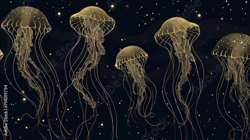 Dark luxury art background with hand drawn jellyfish in gold art line style. Minimalistic banner with marine life for decoration, wallpaper, print, textile, interior design, packaging