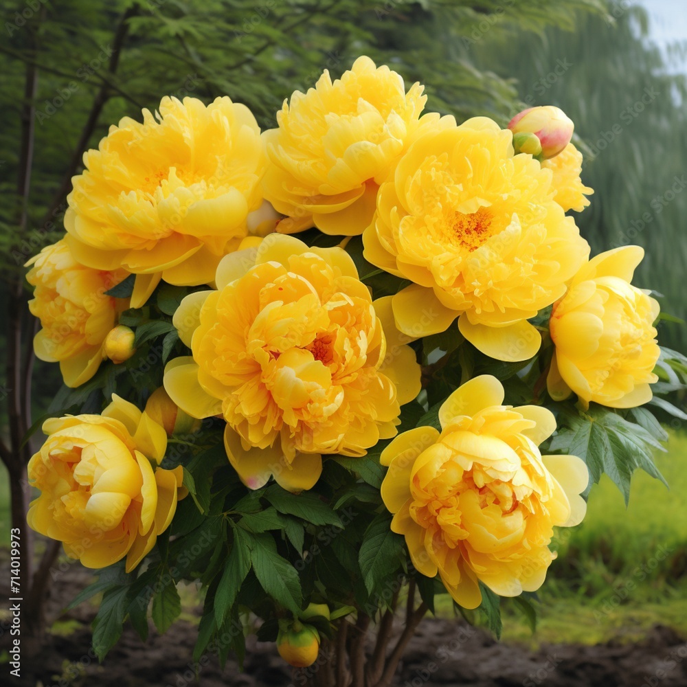 Nice perfect yellow trees peonies image Generative AI Nice perfect yellow trees peonies image Generative AI