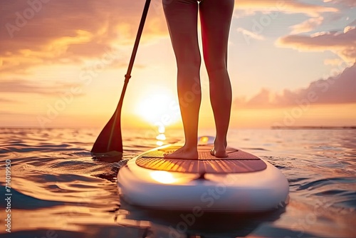 Summer sport adventure with young woman surfing in sea travel water paddle lifestyle nature person on surfboard ocean vacation sunset recreation fit and sunny sunlight holiday sunrise outdoor beach photo