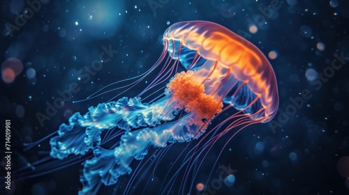 Glowing jellyfish chrysaora pacifica underwater © Orxan