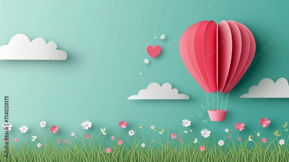 Illustration of love Origami made hot air balloon flying over grass with heart float on the sky. Paper art and digital craft style