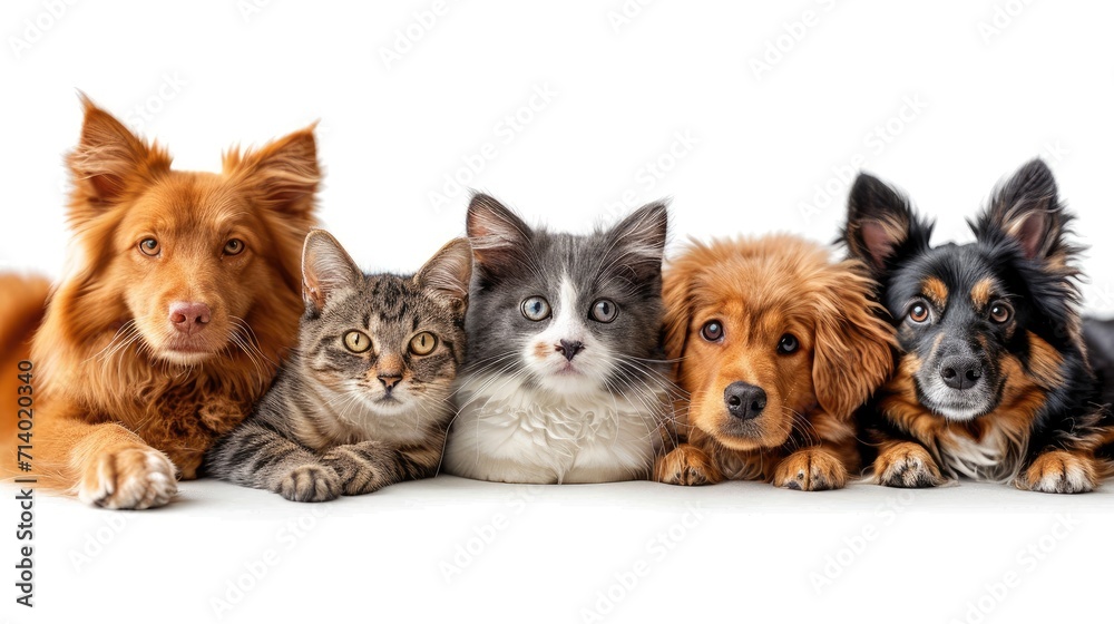 group of puppies and cat isolate on white background