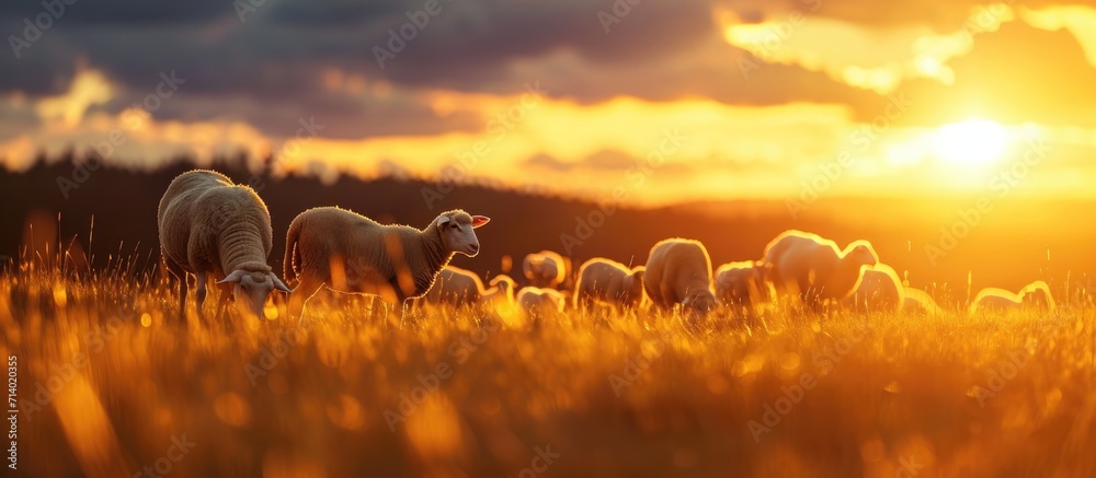 Sheep and lambs grazing in a field at sunset. - obrazy, fototapety, plakaty 