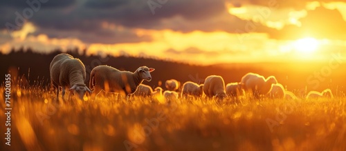 Sheep and lambs grazing in a field at sunset. photo