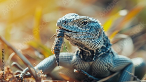 Macro nature.Funny nature.Lizard in nature.A lizard with a large insect in its mouth.Beautiful gray lizard portrait  hunts in the natural environment  in the grass  eats.Close-up reptile with prey