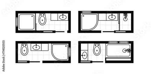 Architectural plans for bathrooms, studios and houses. Interior floor plan and design elements for toilet, sink, bathtub and shower