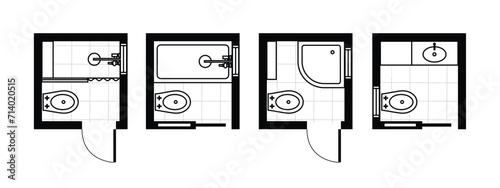 Architectural plans for bathrooms, studios and houses. Interior floor plan and design elements for toilet, sink, bathtub and shower