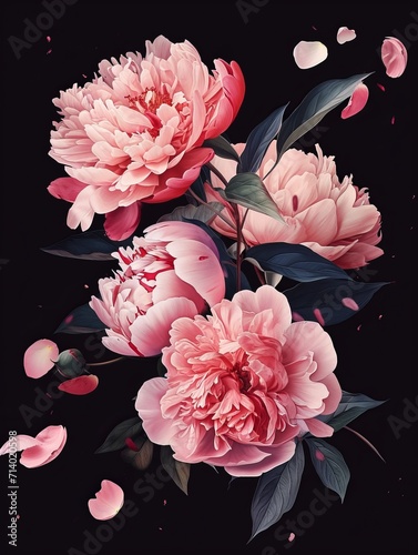Beautiful arrangement of pink peonies against a dark background  their intricate petal structures and soft hues visible