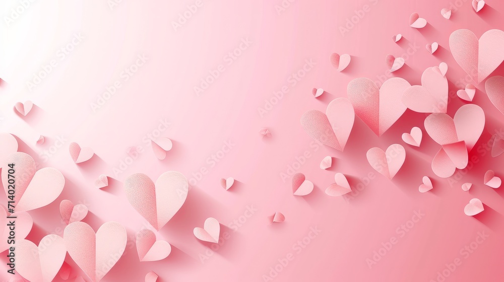 Paper elements in shape of heart flying on pink background. Vector symbols of love