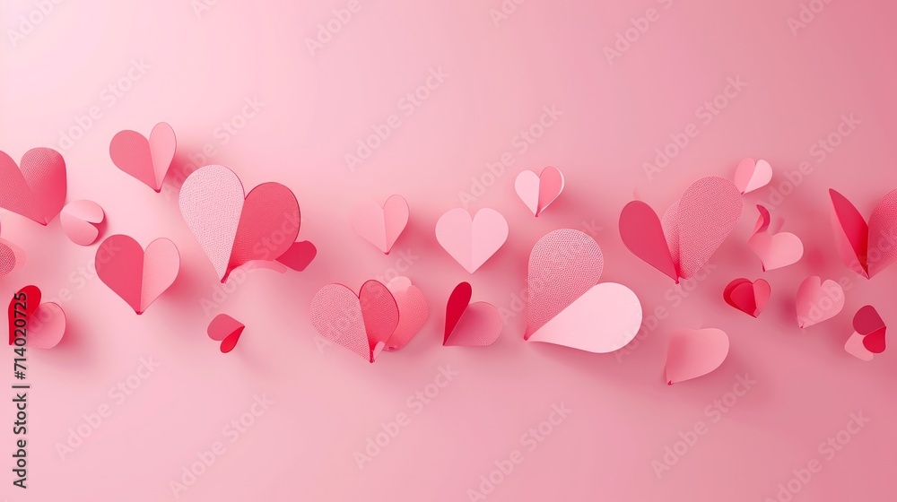 Paper elements in shape of heart flying on pink background. Vector symbols of love