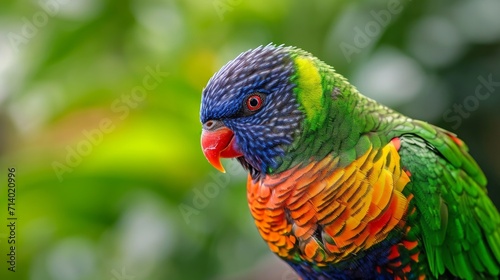 Side view Closeup of beautiful and colorful Lorikeet Green-naped bird (Trichoglossus Haematodus) Also Known As A Rainbow Lorikeet, looking around © Orxan