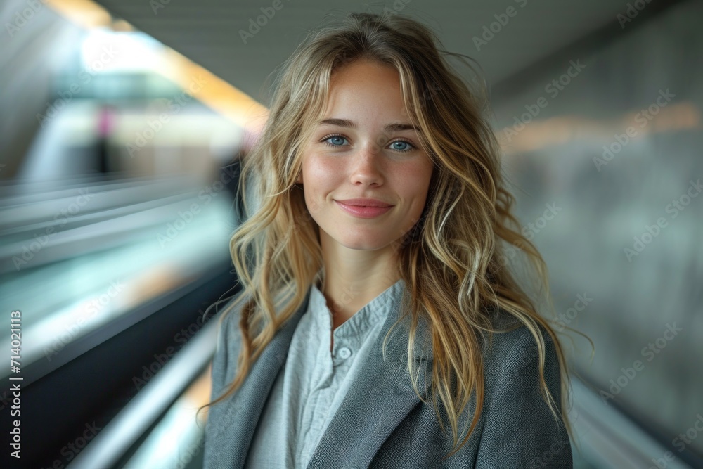 smiling girl going down the escalator smiling girl going down the escalator