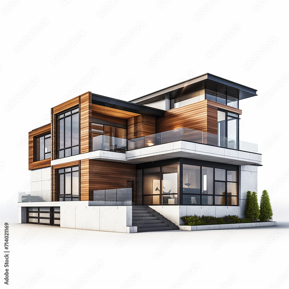 House 3d modern style rendering on white background