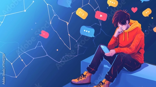 Teenager boy in depression Mental stress from messages on social networks The concept of online bullying in smartphones. isometric vector illustration photo
