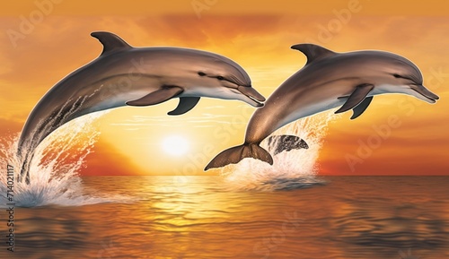 A pair of dolphins leaping gracefully © Max_T