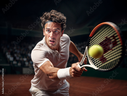 Portrait of a handsome tennis player about to slam the tennis ball in the court, the muscles are tense, kinetic atmosphere of a sports tournament, black background.