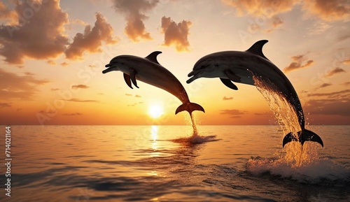 A pair of dolphins leaping gracefully