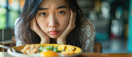 Stressed Asian woman refuses breakfast.