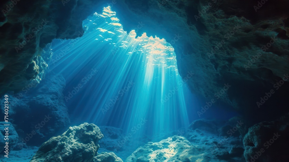 Underwater photo of magic sunlight inside a cave. From a scuba dive in the Red sea in Egypt - obrazy, fototapety, plakaty 