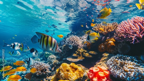 Tropical sea underwater fishes on coral reef. Aquarium oceanarium wildlife colorful marine panorama landscape nature snorkel diving © Orxan