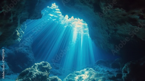 Underwater photo of magic sunlight inside a cave. From a scuba dive in the Red sea in Egypt