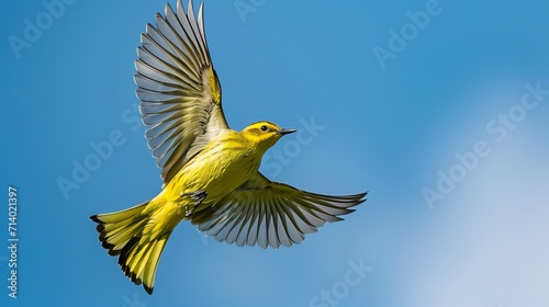 Yellow wagtail flying against blue sky