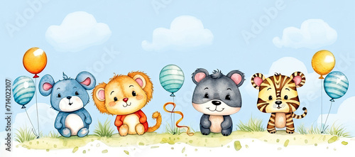 Cute baby animal with colorful balloons. Panorama, banner