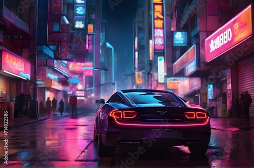 neon lights futuristic city at night a hyper car in the street © mahesha