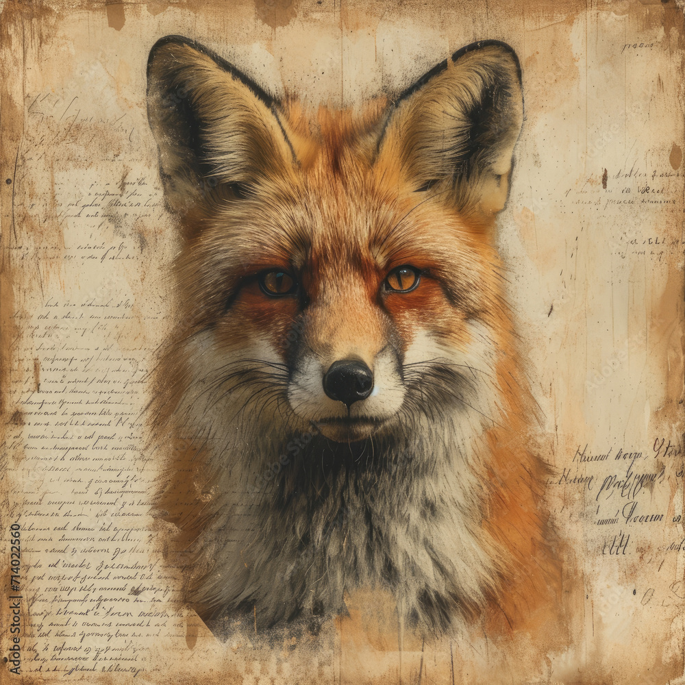 Fototapeta premium Classic Fox Illustration on Warm Taupe Canvas