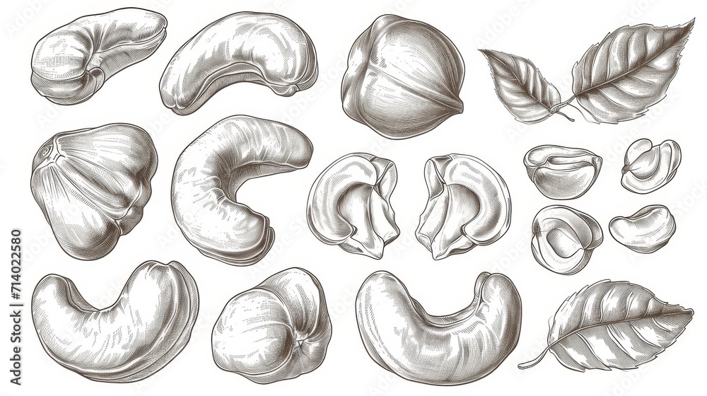 Set Hand drawn sketch cashew nut vector on white background Set Hand drawn sketch cashew nut vector on white background