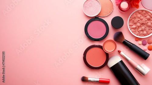 professional makeup tools. Makeup products on a colored background top view, Collection of professional makeup brushes, Beauty background with facial cosmetic products, Generative AI