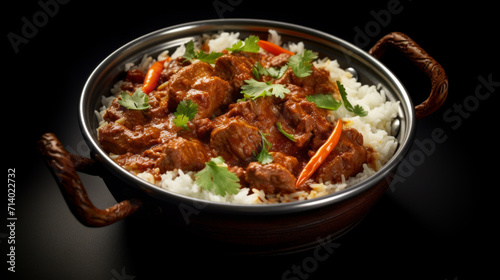A pot of spicy and flavorful lamb curry, served with fluffy basmati rice, a classic dish for Ramadan