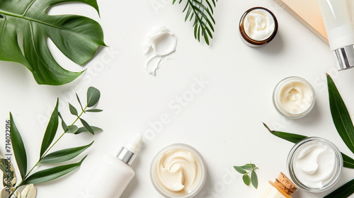 Background of skin and body care products with natural ingredients. fresh natural beautiful cosmetic ingredients background. natural, soft, white, black, green colour with plants premium photographs photo