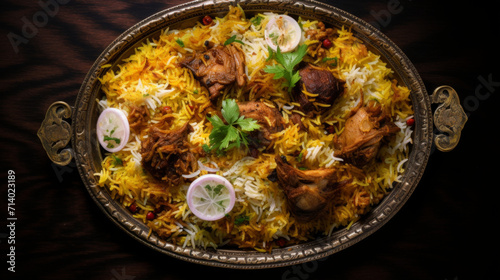 A plate of rich and flavorful lamb biryani, a popular dish for celebrating Eid after the month of Ramadan