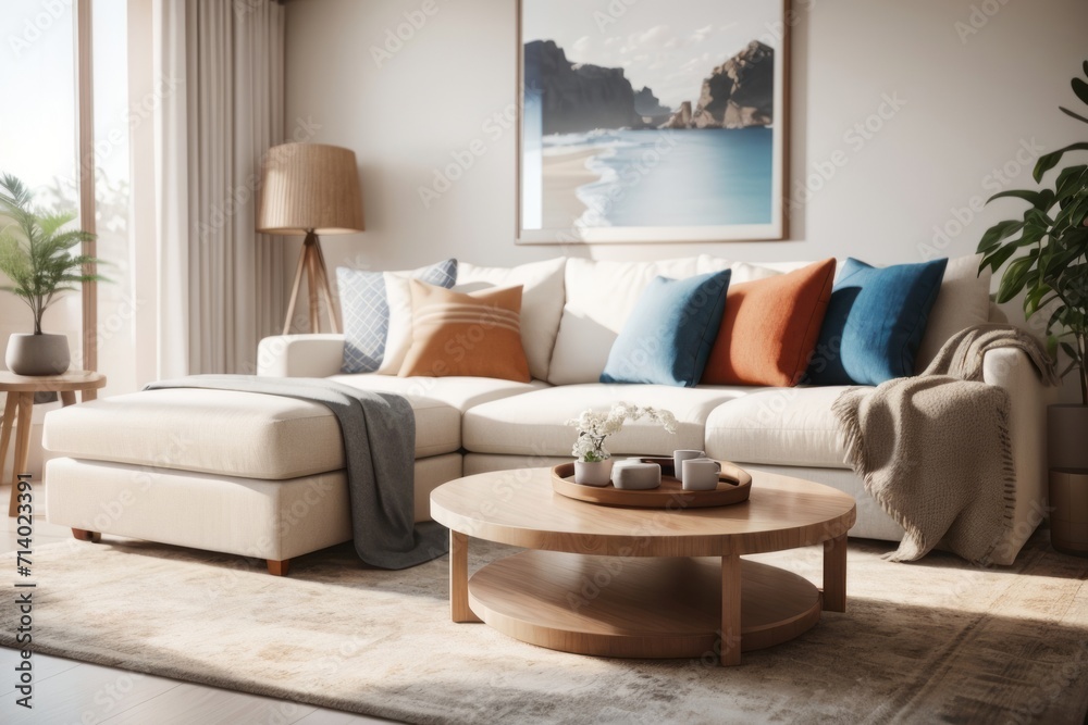 Coastal Interior home design of modern living room with round wooden table and corner sofa Coastal Interior home design of modern living room with round wooden table and corner sofa