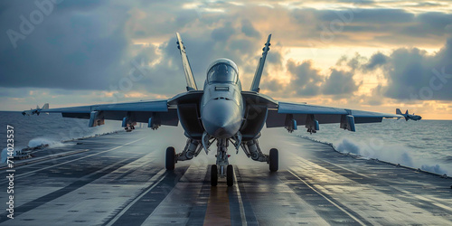 A fighter jets on the deck of an aircraft carrier in the ocean. Fighter jet fighter. 
