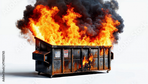 Dumpster fire. Dumpster is fiercely ablaze, emitting thick black smoke, isolated on white.