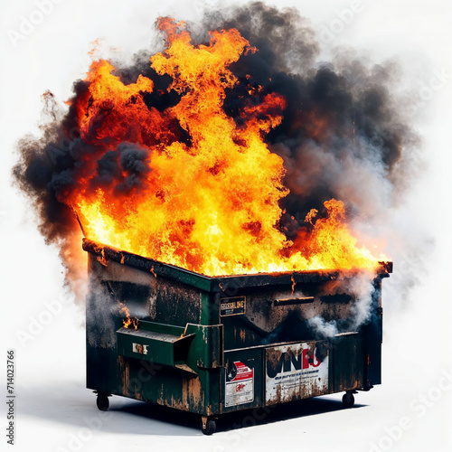 Dumpster fire. Dumpster is fiercely ablaze, emitting thick black smoke, isolated on white.