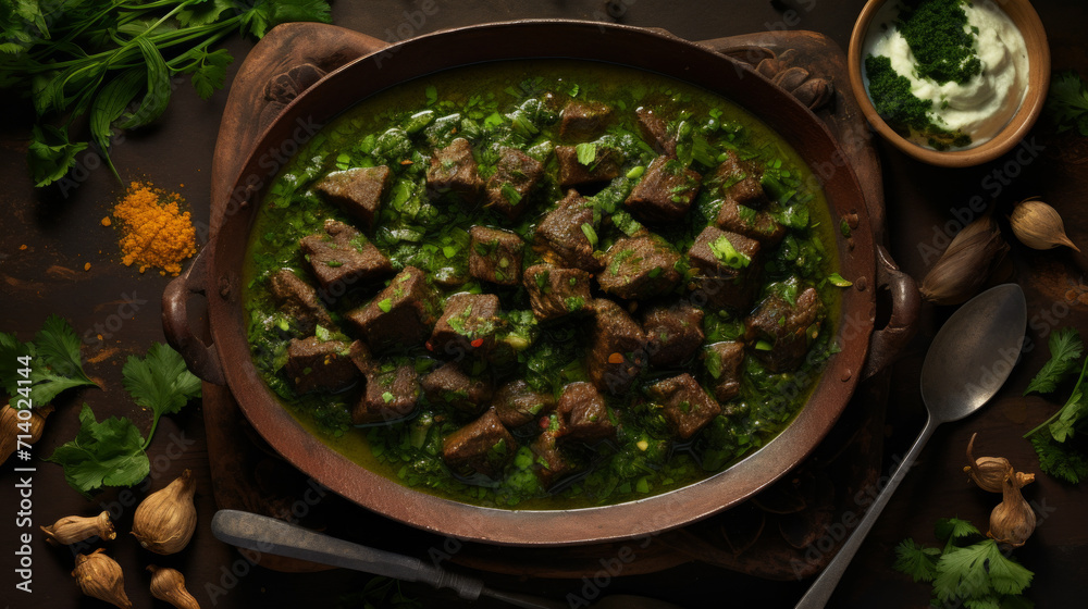 Obraz premium A plate of Iranian ghormeh sabzi, a flavorful stew made with herbs, beans, and meat, often eaten during ramadan