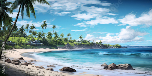 beach with coconut trees, Palm trees in the background of a beach and calm water, Tropical beach with a view of the ocean and mountains in the background, A beach scene beach mountains, Generative AI