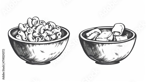 Set Hand drawn sketch homemade macaroni and cheese in a bowl. Isolated object on white background