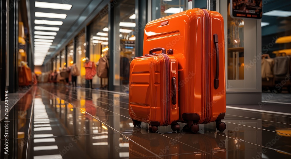 Two vibrant suitcases stand out against the dull hallway of a bustling building, ready to embark on a journey by train Two vibrant suitcases stand out against the dull hallway of a bustling building, ready to embark on a journey by train