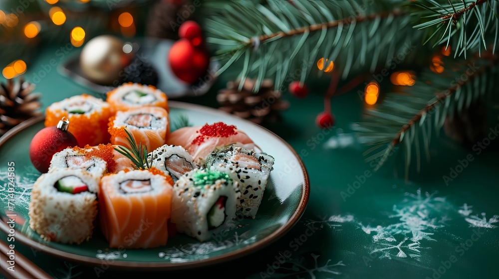 Sushi roll platter with Christmas decorations on a green backdrop