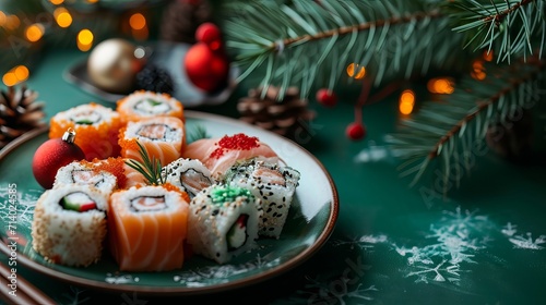 Sushi roll platter with Christmas decorations on a green backdrop