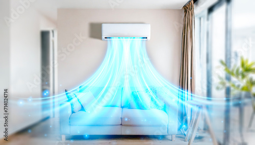 Air conditioner with blue air waves in apartment living room.
