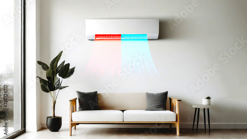 Dual Inverter hot and cold split air conditioner on the wall under sofa in modern apartment living room. Cooling and heating illustration. photo