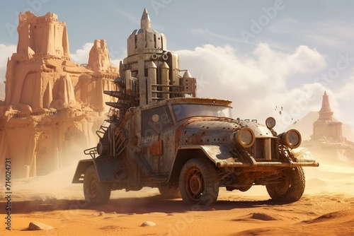 A robust vehicle in desolate desert ruins. Generative AI photo